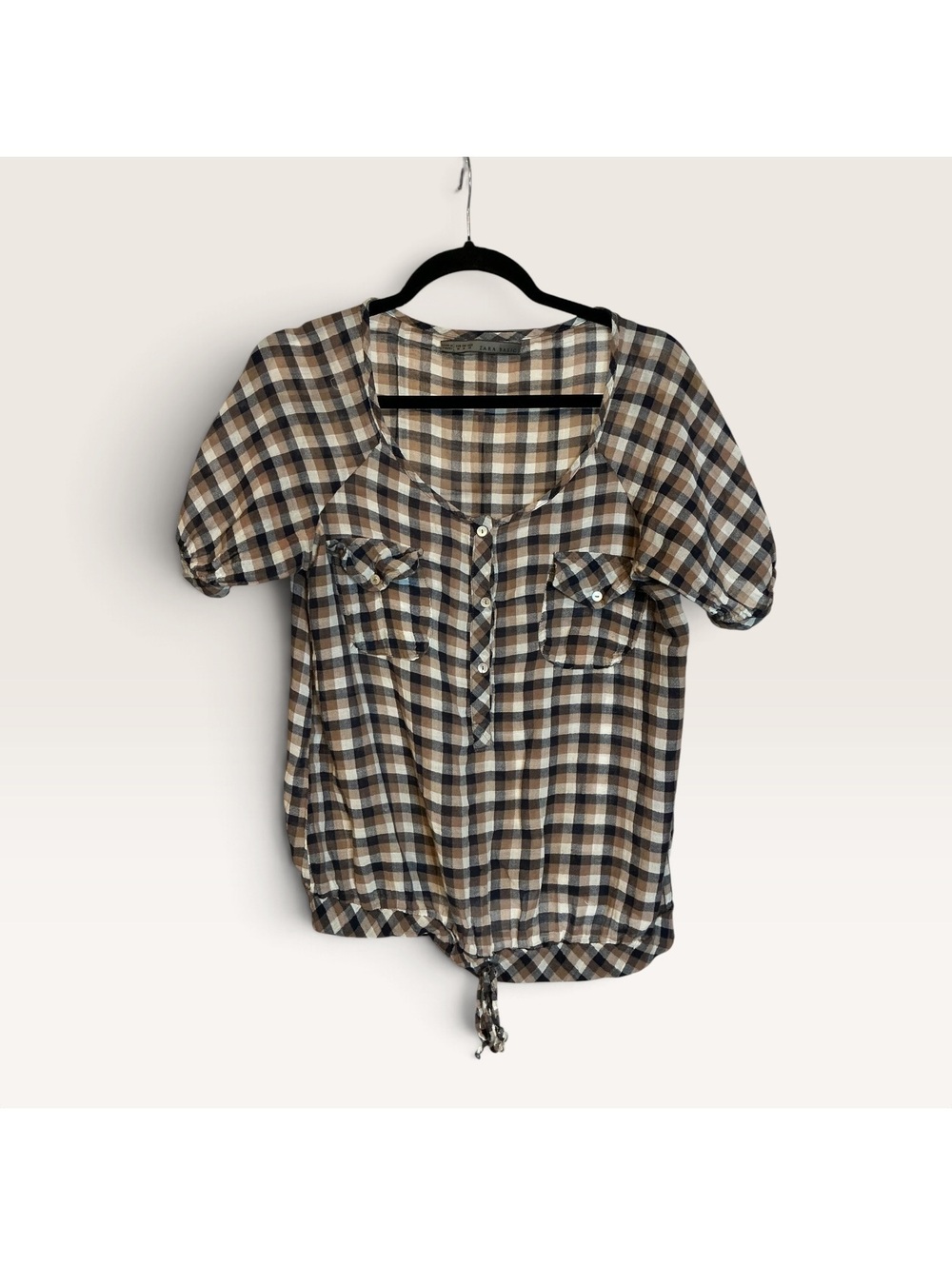Zara Basic Women's Brown and Navy Blue Plaid Button-Up
